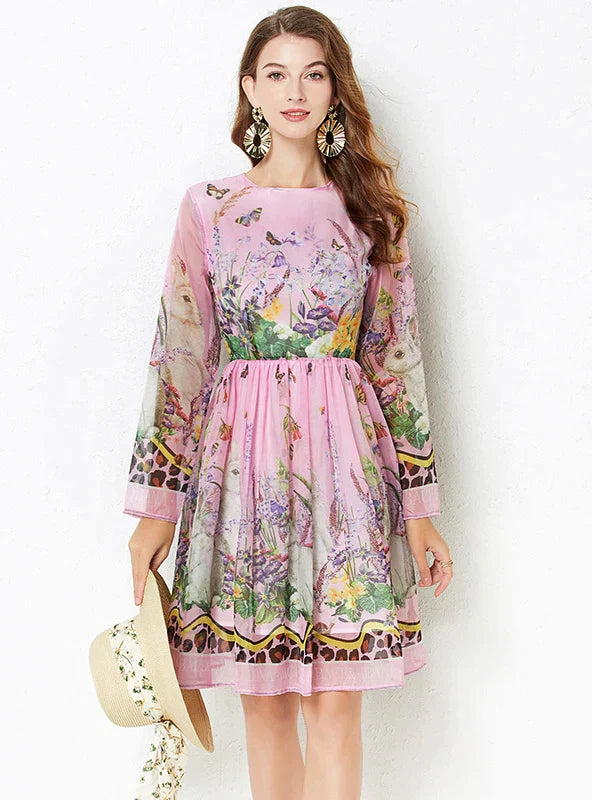 Purple Print Long Sleeve Dress with Round Neck