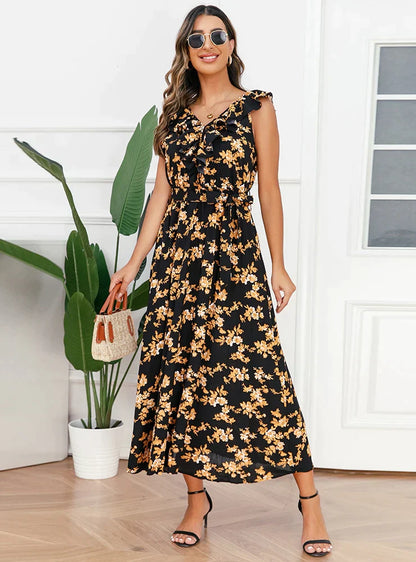 V-Neck Floral Pleated Dress