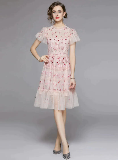 Sequined Gauze Embroidered Dress with Short Sleeves