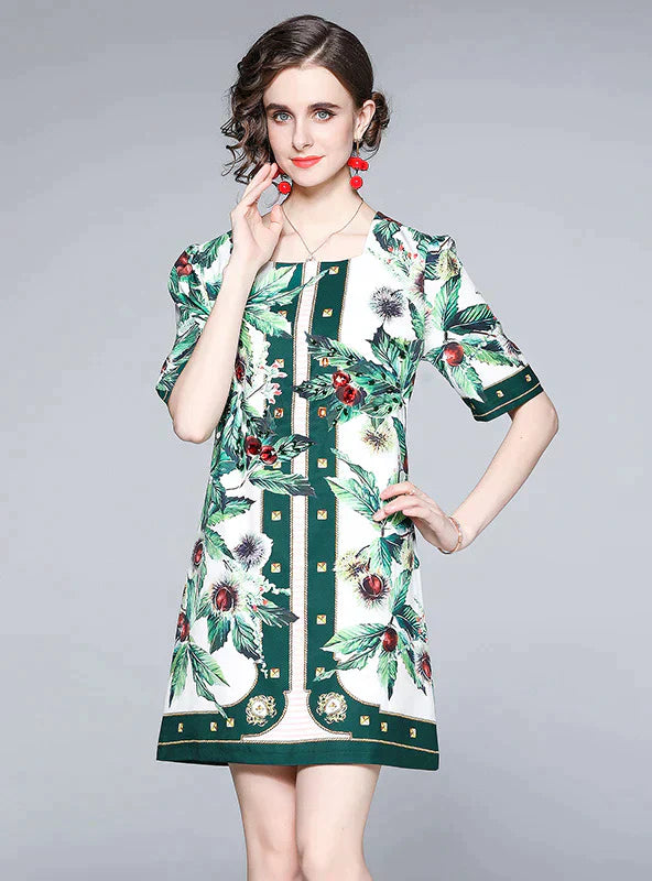 Retro Square Collar Loose Dress with Printed Design