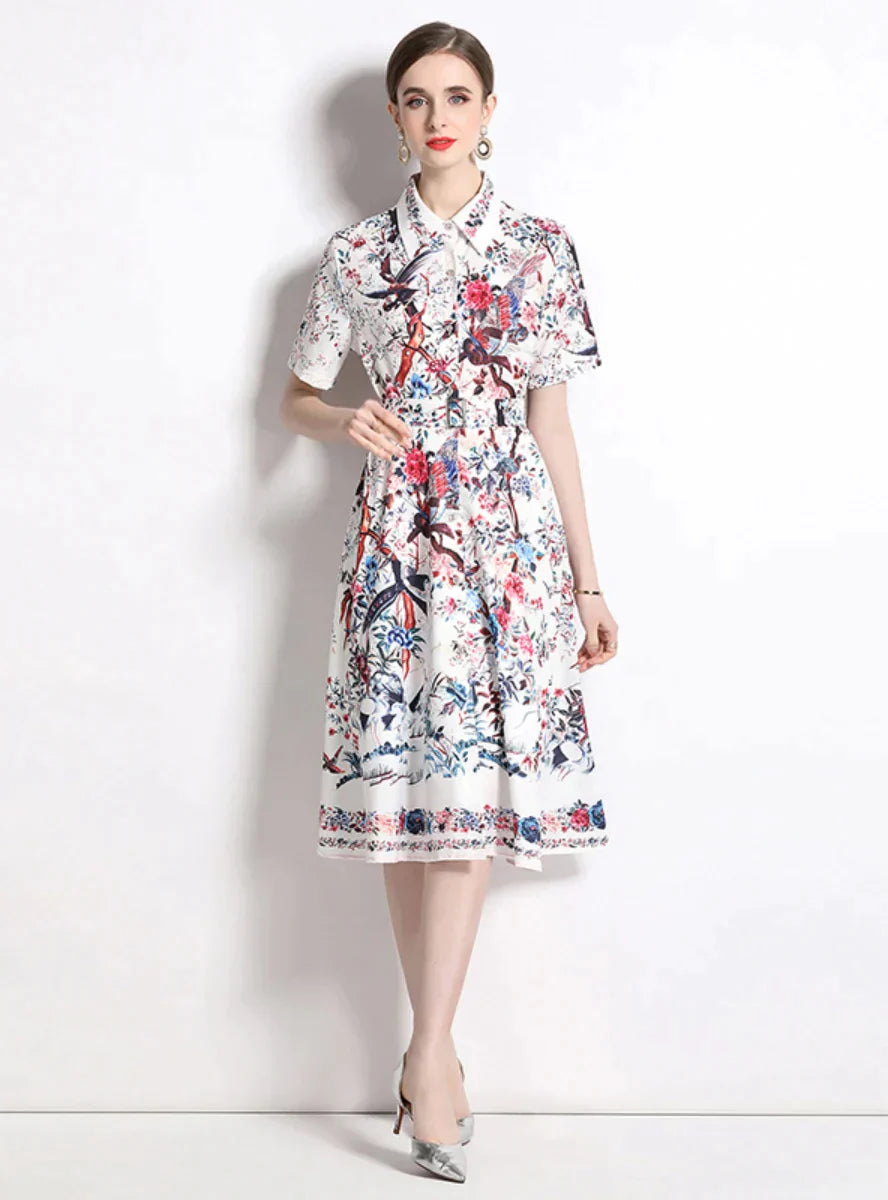 Printed Big Swing Dress with Shirt Lapel and Short Sleeves