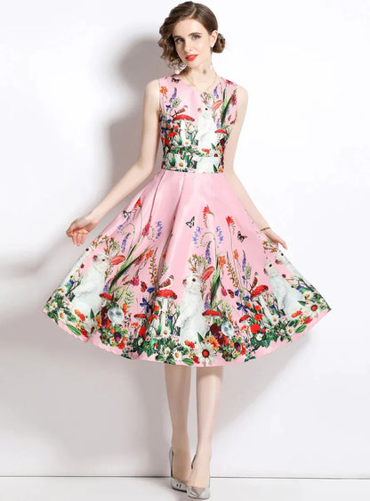 Printed Sleeveless Dress with Round Neck and Slim Waist