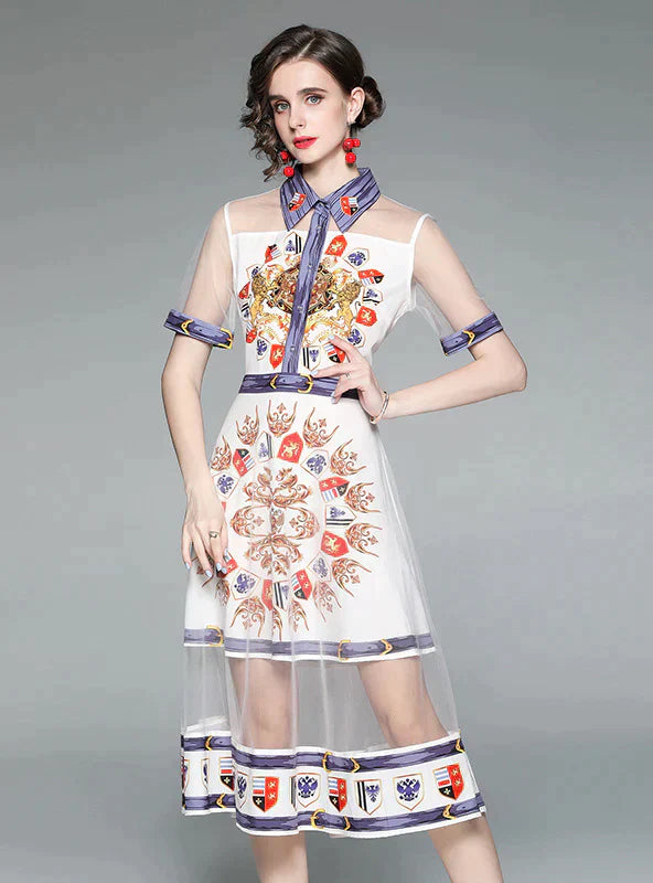 Mesh Lapel Short Sleeve Printed Fake Two-Piece Dress