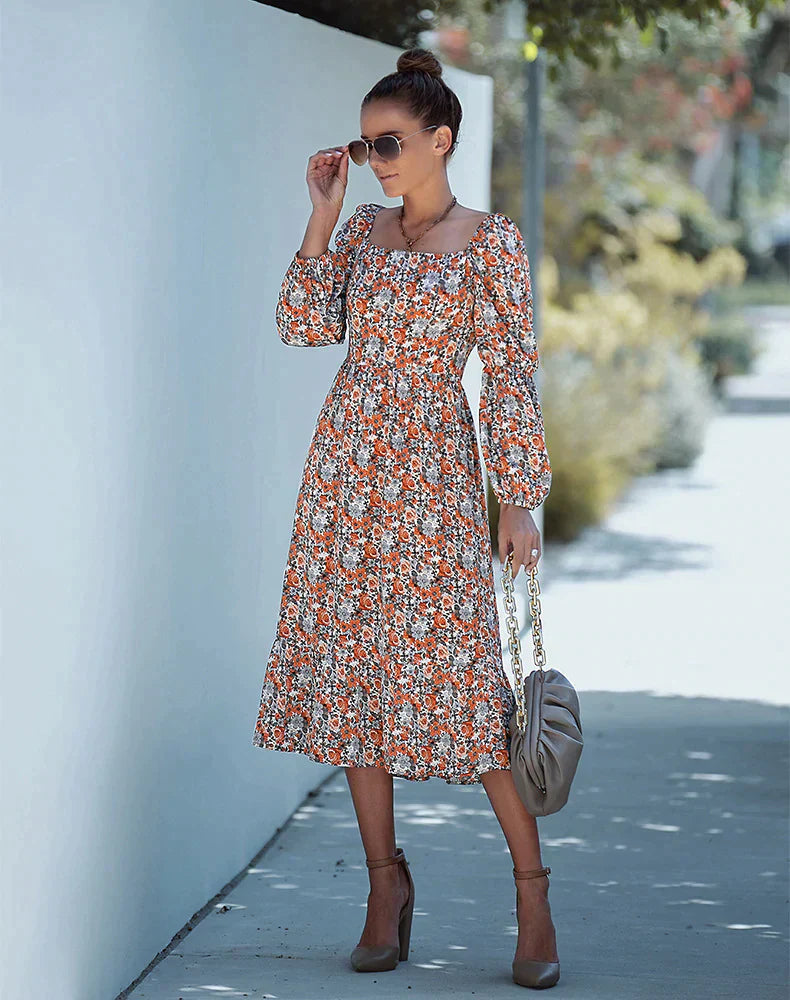 Printed Long Sleeve Dress with Square Collar