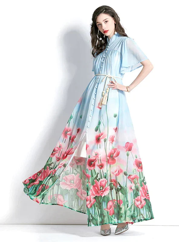 Printed Short Sleeve Long Dress