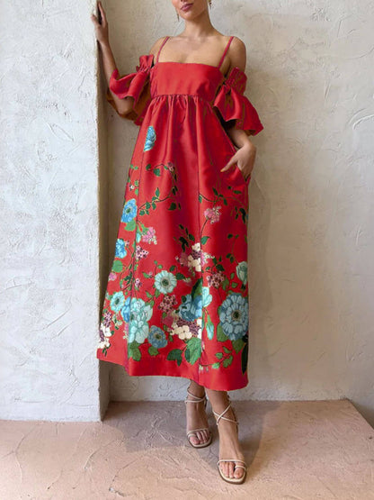 Marigold Printed Gathered Sleeve Graceful Pocketed A-Line Midi Dress