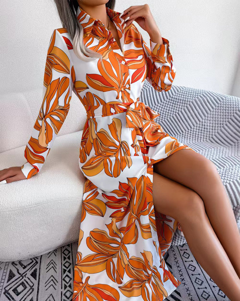Floral Print Lapel Shirt Dress With Contrast Casual Dresses