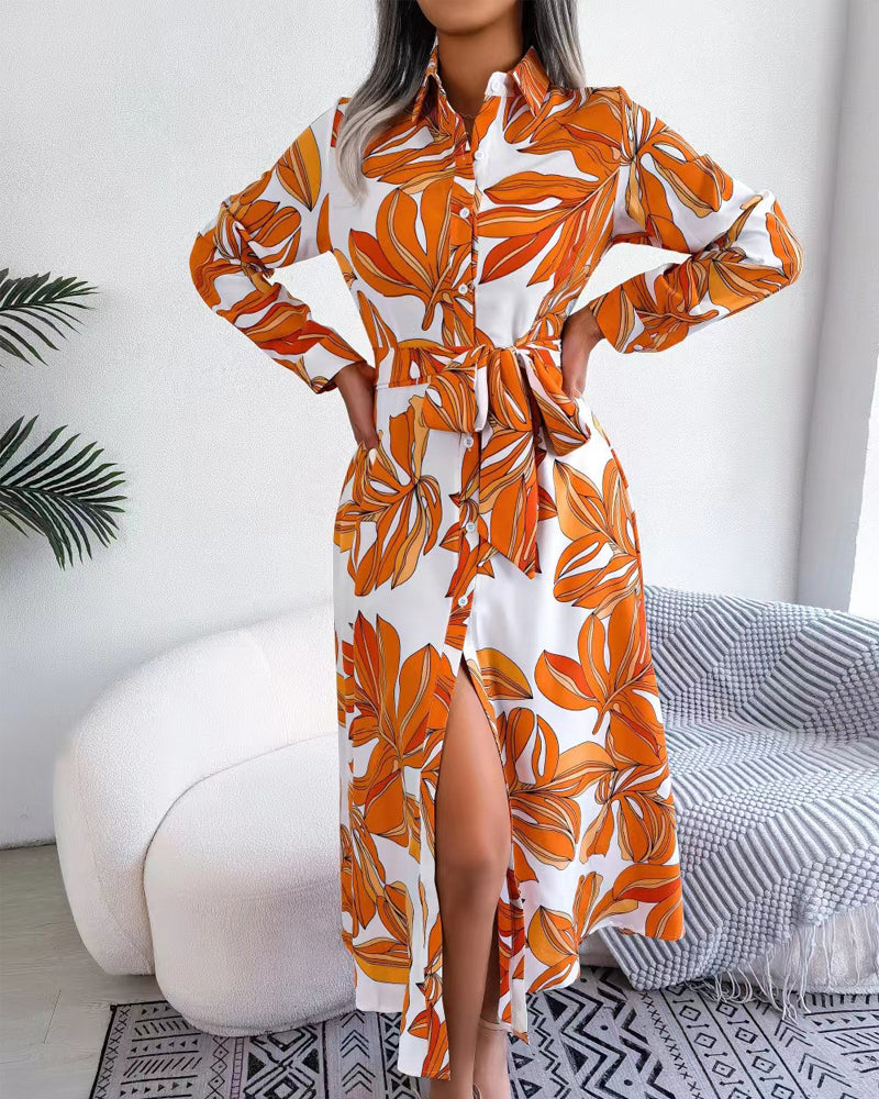 Floral Print Lapel Shirt Dress With Contrast Casual Dresses