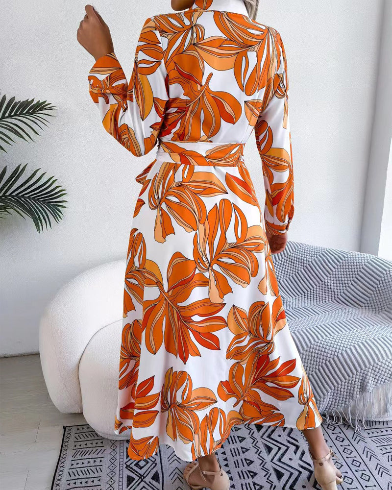 Floral Print Lapel Shirt Dress With Contrast Casual Dresses