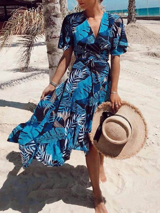 Palm Leaf Print Charming Wrap Over Midi Dress