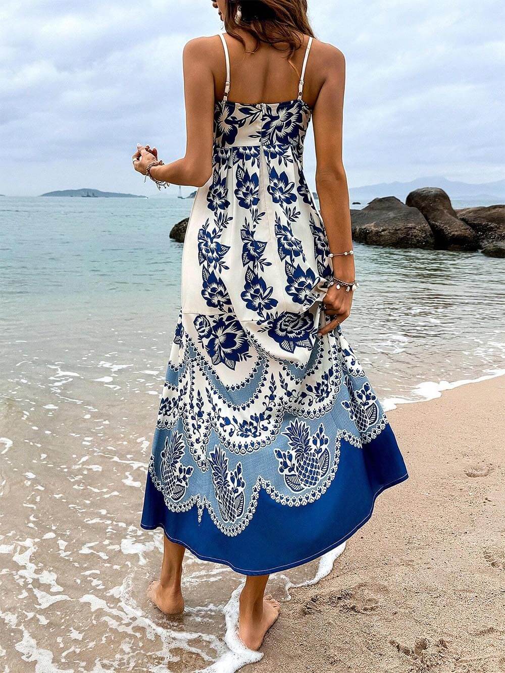 Floral Ethnic Print Back Graceful Smocked Loose Midi Dress