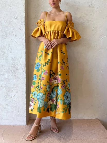 Marigold Printed Gathered Sleeve Graceful Pocketed A-Line Midi Dress