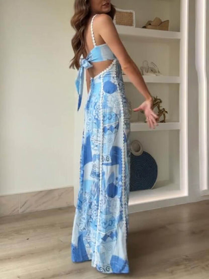 Unique Lace Patchwork Printed Back Trendy Tie Halter Flare Maxi Dresses