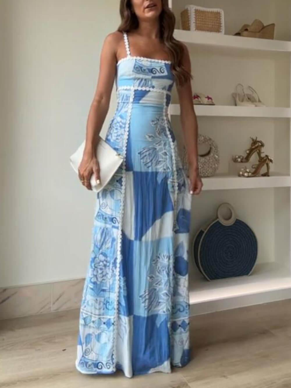 Unique Lace Patchwork Printed Back Trendy Tie Halter Flare Maxi Dresses