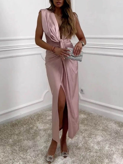 Classic V-Neck Ruched Charming Drape Slit Midi Dress