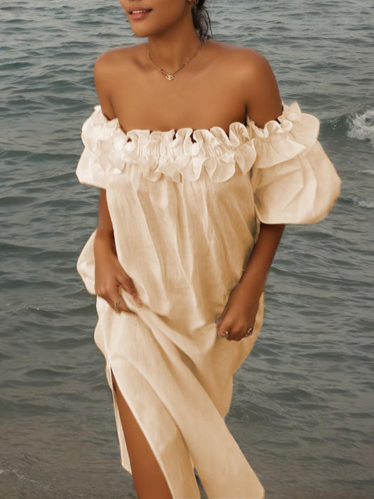 Off Shoulder Ruffle Puff Graceful Sleeve Pocketed Midi Dress