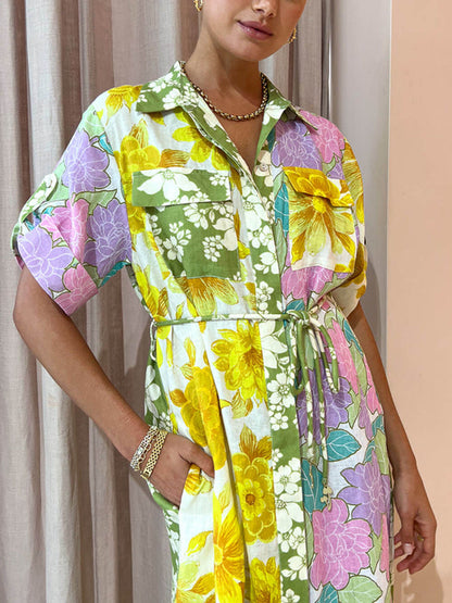 Multicolor Paneled Stylish Shirt-Style Midi Dress