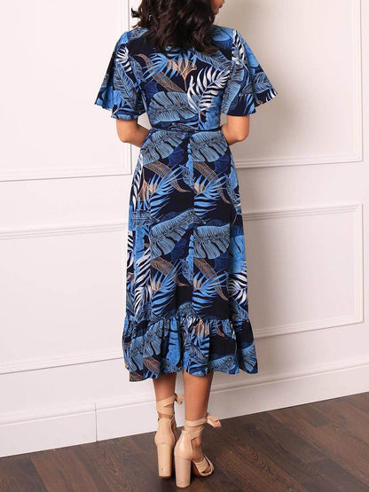 Palm Leaf Print Charming Wrap Over Midi Dress