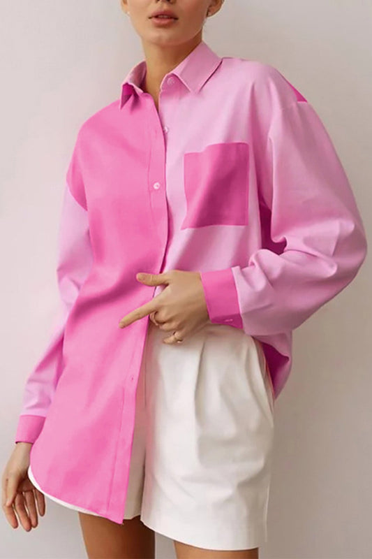 Pink Button-Up Long Sleeve Blouse with Lapel Pocket