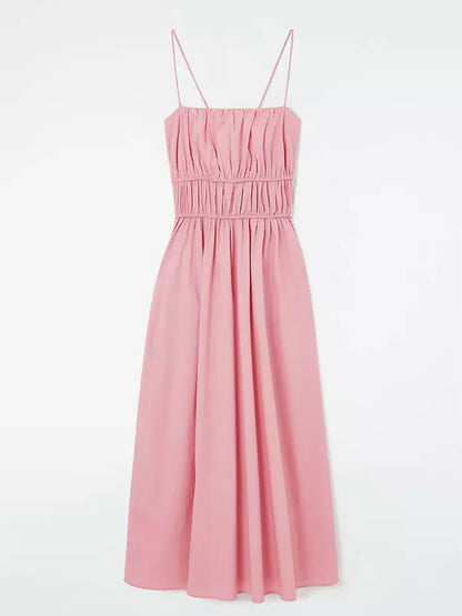 Suspender Pleated Stylish Waist Midi Dress