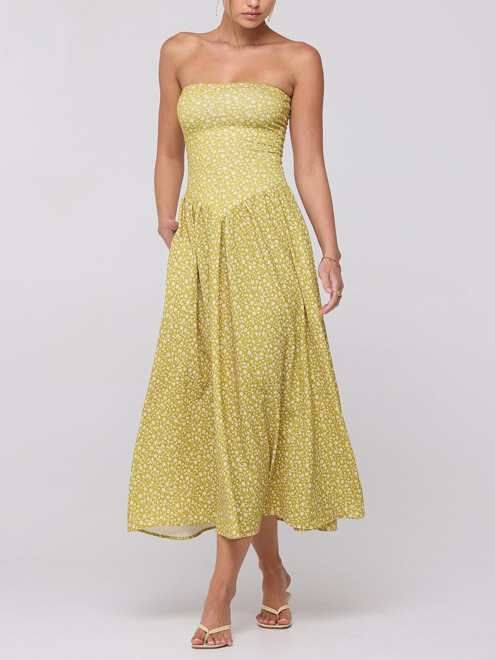 Chic Off-The-Shoulder Drop-Waist Charming Print Flowy Midi Dress