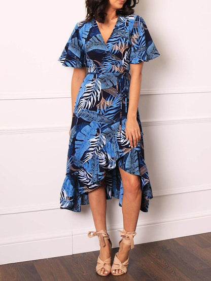 Palm Leaf Print Charming Wrap Over Midi Dress