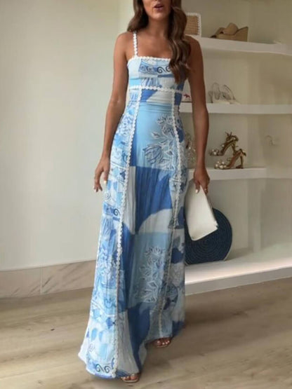 Unique Lace Patchwork Printed Back Trendy Tie Halter Flare Maxi Dresses