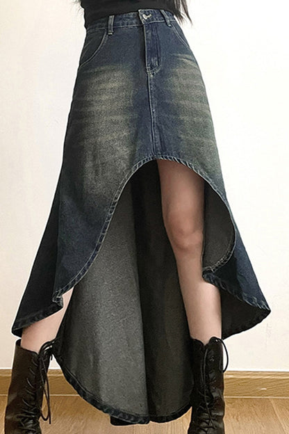 with Irregular Skirt Denim Distressed High Rise Wash