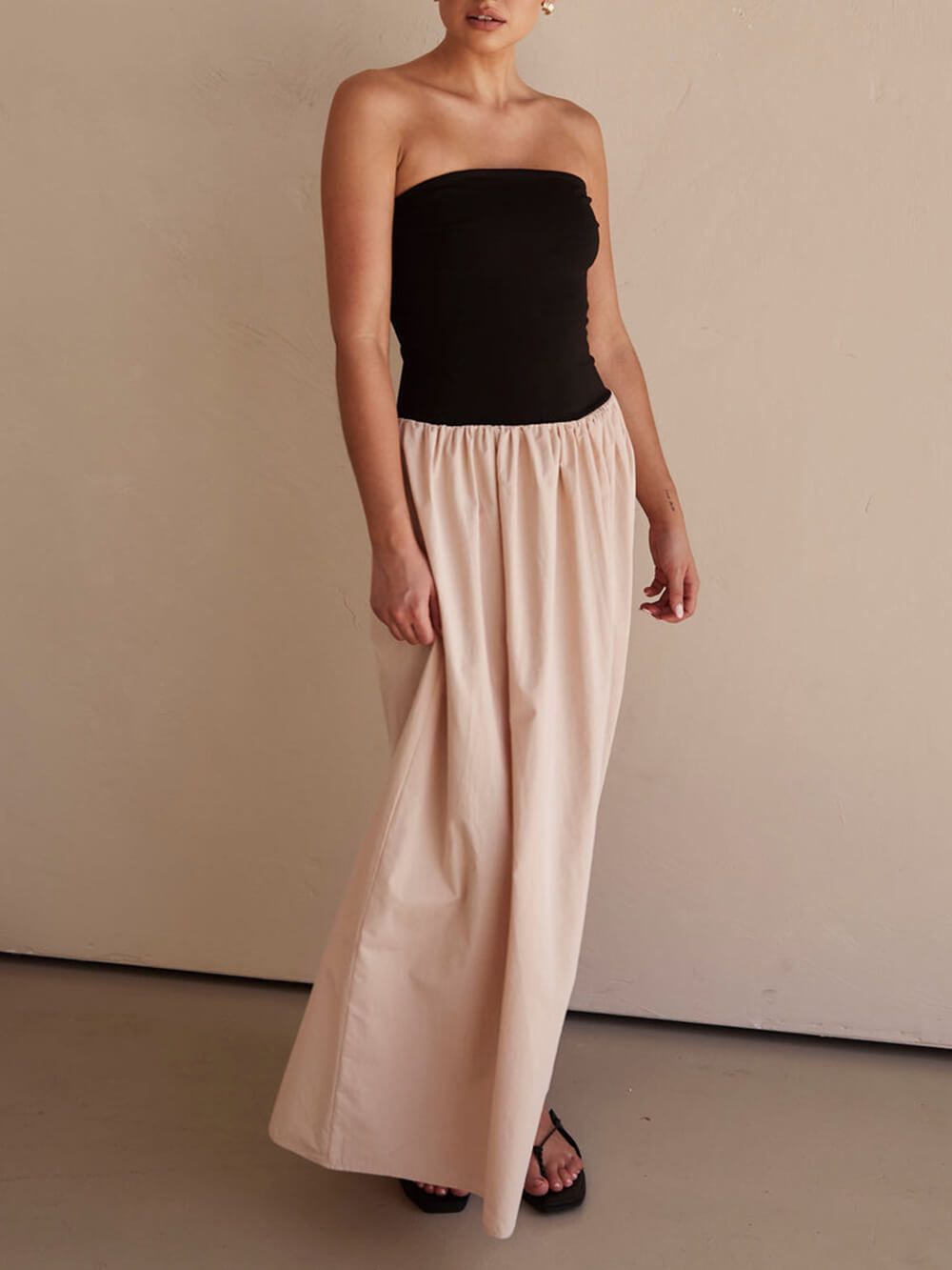 Strapless Black And Charming Sand Paneled Maxi Dress Dresses