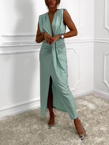 Classic V-Neck Ruched Charming Drape Slit Midi Dress