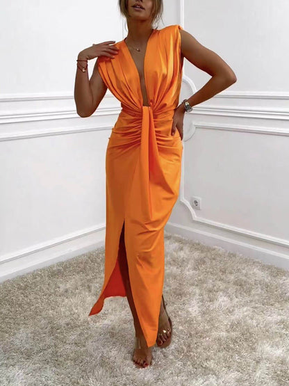 Classic V-Neck Ruched Charming Drape Slit Midi Dress