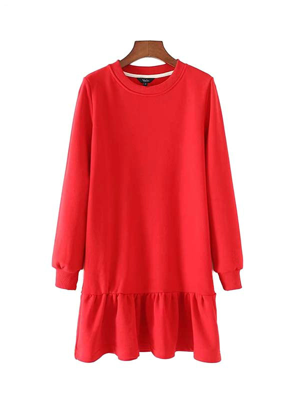 Elegant Ruffled Hem Basic Dress - Women's Long Sleeve