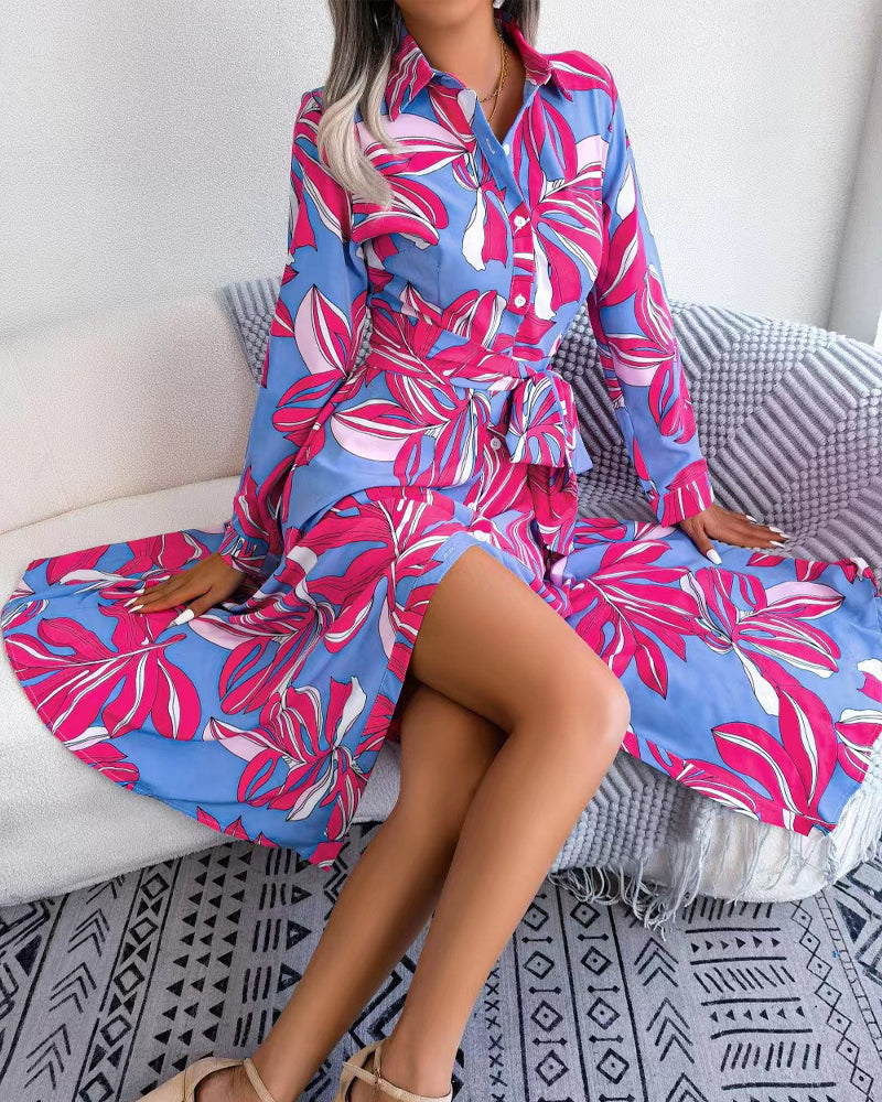 Floral Print Lapel Shirt Dress With Contrast Casual Dresses