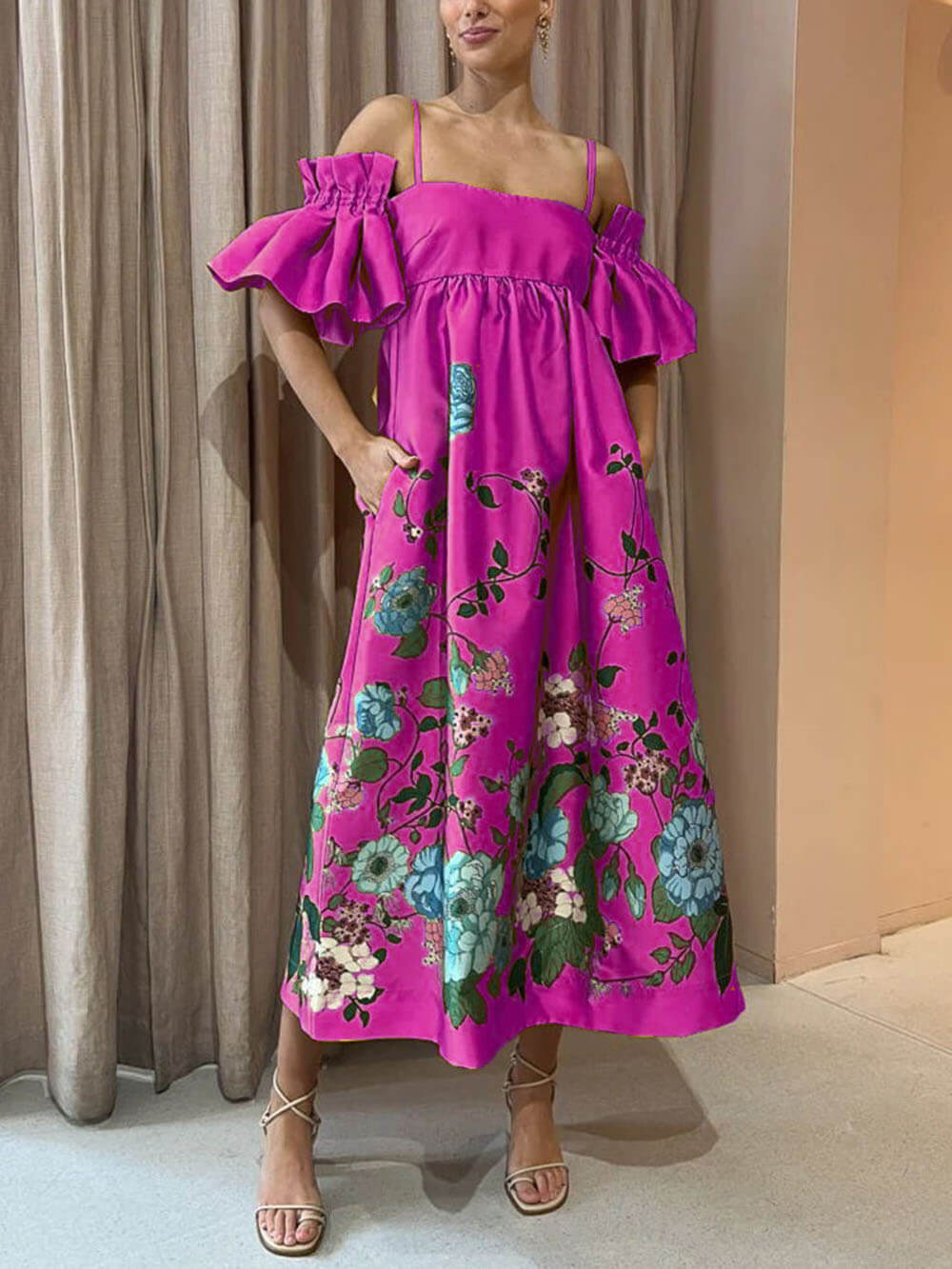 Marigold Printed Gathered Sleeve Graceful Pocketed A-Line Midi Dress