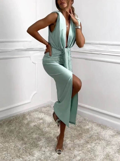 Classic V-Neck Ruched Charming Drape Slit Midi Dress