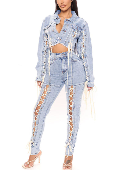 Lace Up Graceful Cutout Skinny Jeans