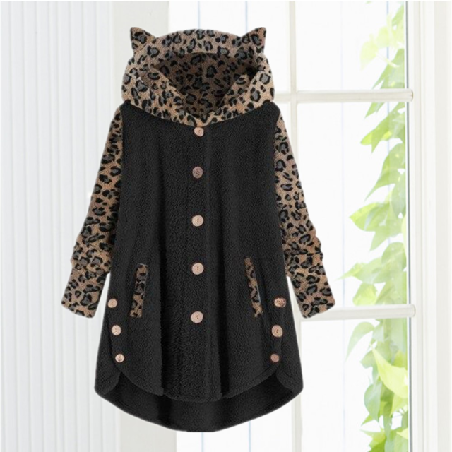 Leopard Patchwork Cat Ears Coat Black Best Sellings cardigan cardigans clothes Plus Size Sale tops