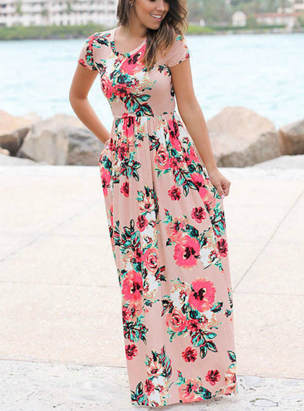 Boho Beach Maxi Dress with Short Sleeves