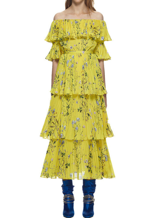 Yellow Bohemian Long Dress with Ruffle Pleated Printing