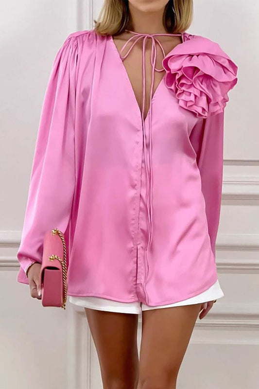 Pink V Neck Floral Lace-Up Blouse with Ruched Detail