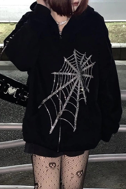 Rhinestone Spider Zip Hoodie