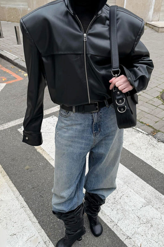 High Neck Leather Moto Jacket