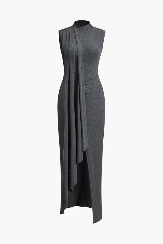 Wrap Slit Mock Charming Neck Sleeveless Maxi Dress