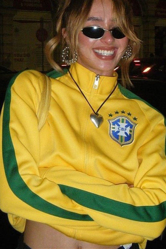 Color Block Embroidered Loose Zip Sweatshirt