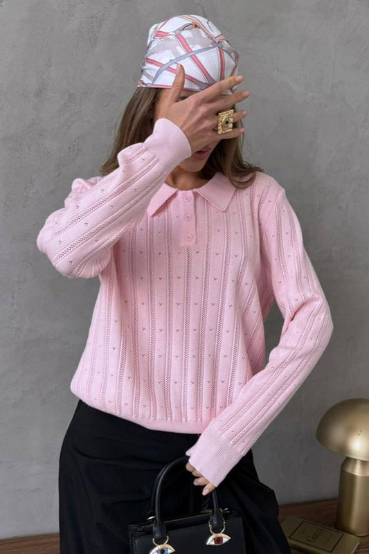 Jacquard Polo Collar Long Sleeve Loose Blouse