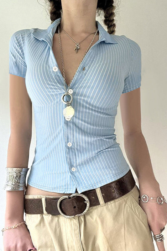 Basic Striped Knit Short Sleeve Slim Blouse