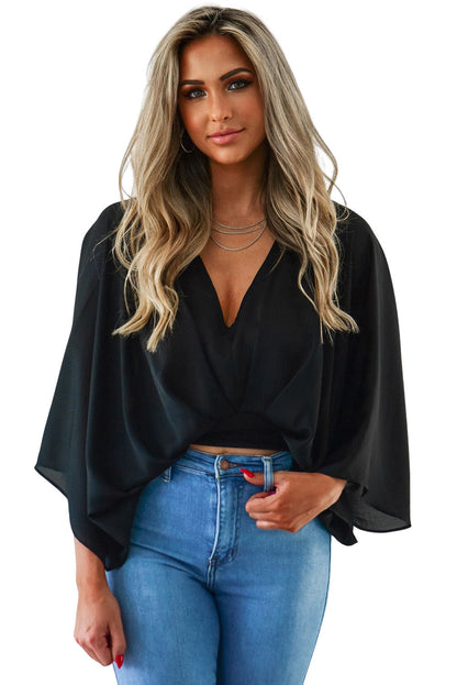 Top Crop Neck with V Black Flared Sleeves