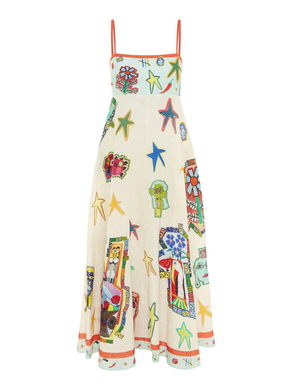 Unique Graffiti Print Suspenders Graceful Long Swing Midi Dress