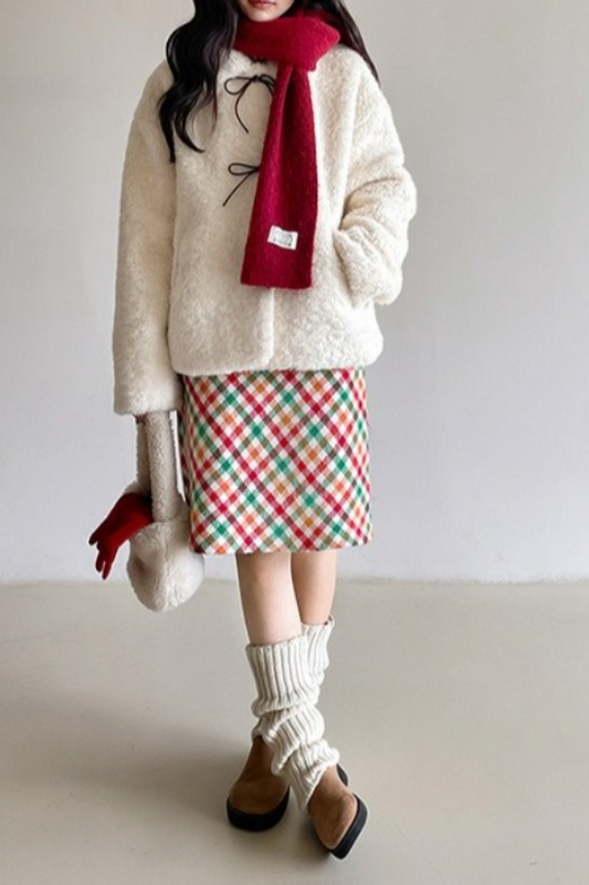 Vintage Color Block Bow Tie Fuzzy Tie-Up Outerwear