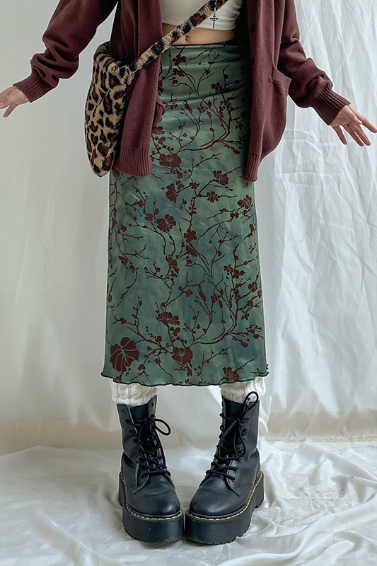 Botanical Print Straight Midi Skirt